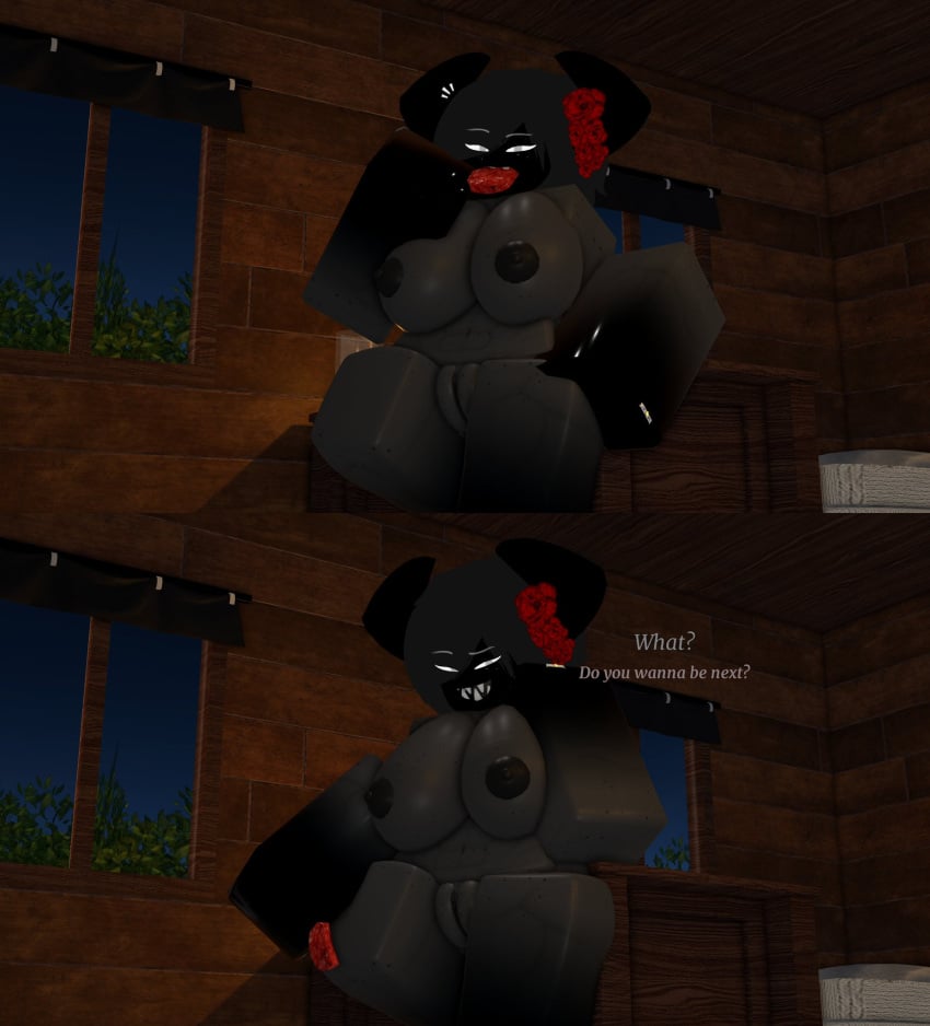 3d 3d_(artwork) demon demon_girl demon_horns eating eldie_(lampshaderr34) female female_focus female_only grey_body lampshaderr34 looking_at_viewer naked original_character roblox robloxian solo_female tagme