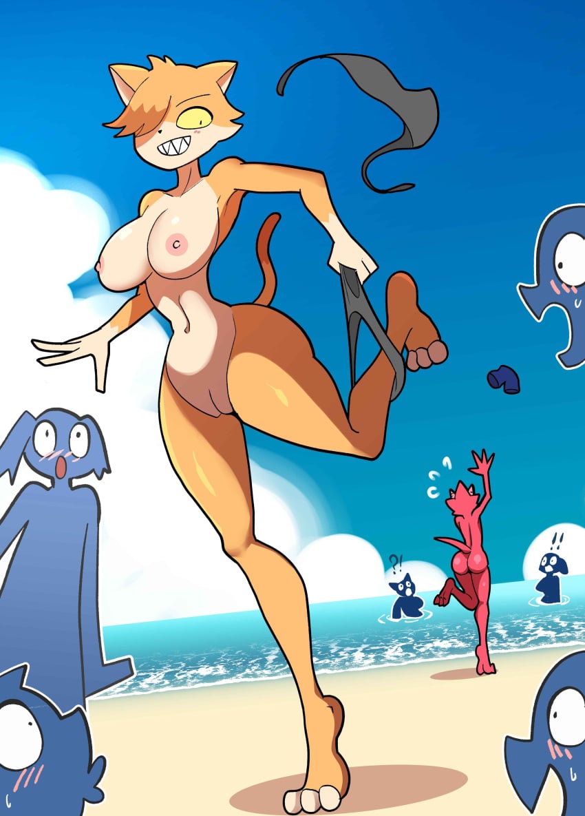 1boy 1girls anthro ass beach bluebirdoasis covering estenia_(bluebirdoasis) feline female furry kobold kotek_(bluebirdoasis) male nude pussy scalie tagme