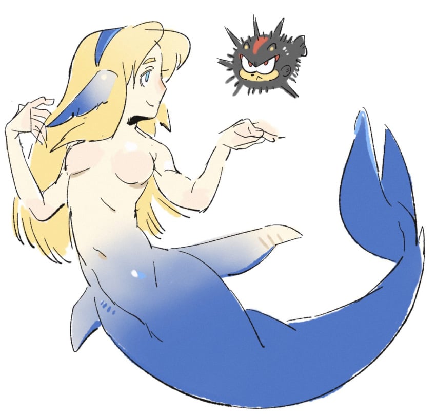 alternate_species artistic_nude black_body blonde_hair blue_body blue_eyes cnggu13 cute featureless_breasts hairband maria_robotnik mermaid mermaid_tail no_nipples nonsexual_nudity pufferfish red_eyes shadow_the_hedgehog sonic_(series) sonic_the_hedgehog_(series) topless
