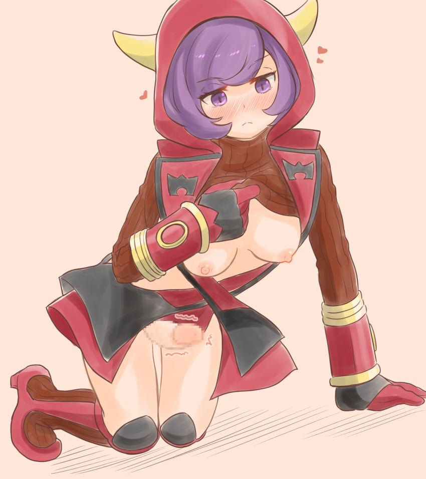 azumanishiki blush breasts courtney_(pokemon) eyebrows eyebrows_visible_through_hair eyelashes futa_only futa_sans_balls futa_sans_pussy futanari horn horns light-skinned_futa light_skin penis pokemon pokemon_oras pokemon_rse purple_eyes purple_hair short_hair skirt solo solo_futa team_magma uniform