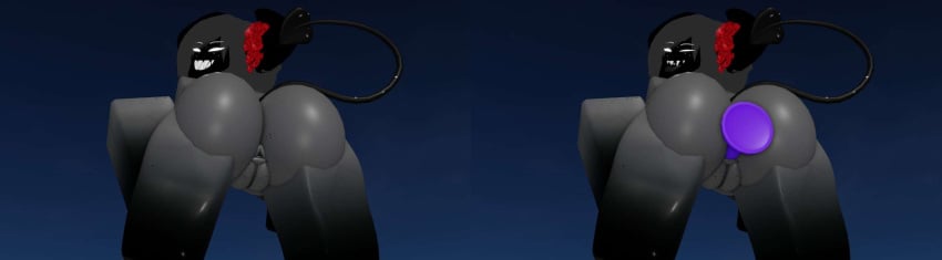 3d 3d_(artwork) demon_girl demon_horns demon_tail dildo eldie_(lampshaderr34) female_focus female_only grey_body lampshaderr34 looking_at_viewer looking_back original_character purple_dildo roblox robloxian solo_female tagme tongue_out