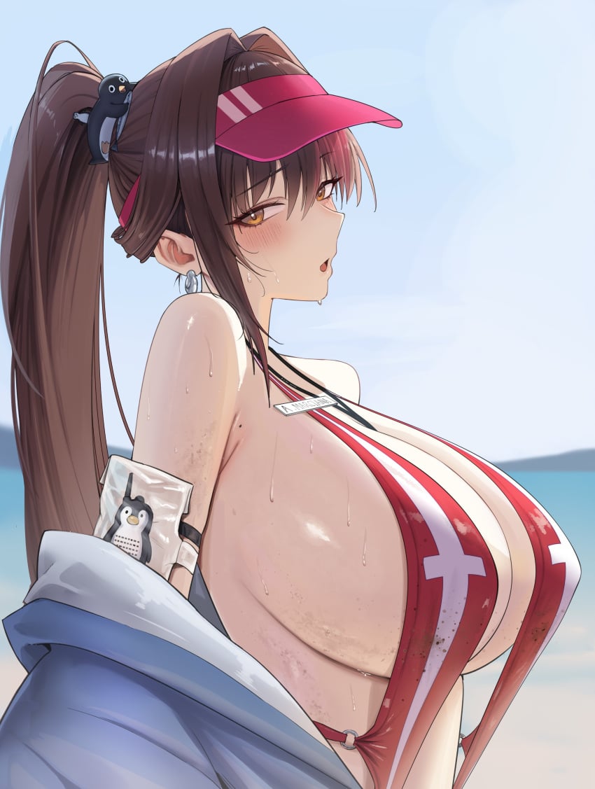 1girls amber_eyes artist_request beauty_mark big_breasts bikini breasts breasts_bigger_than_head brown_hair earrings female female_only goddess_of_victory:_nikke hair_ornament hat hi_res lips looking_at_viewer marciana_(marine_study)_(nikke) marciana_(nikke) mole mouth_open name_tag nipple_bulge ocean pale-skinned_female pale_skin sand simple_background sling_bikini slingshot_swimsuit tagme tight_clothing walkie-talkie water wet wet_body