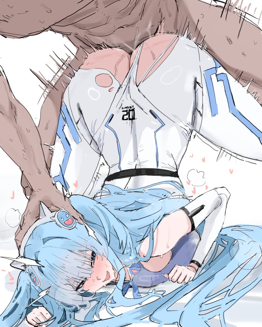 1boy 1girl abs absurdres aqua_hair ass blue_eyes blush bodysuit clothed_female_nude_male commentary detached_sleeves doggystyle goddess_of_victory:_nikke half-closed_eyes headset heart highres mekami_shifty_(nikke) motion_lines nude open_mouth sex sex_from_behind sweat torn_bodysuit torn_clothes two_side_up untranslatable_commentary uun_(uundayo)