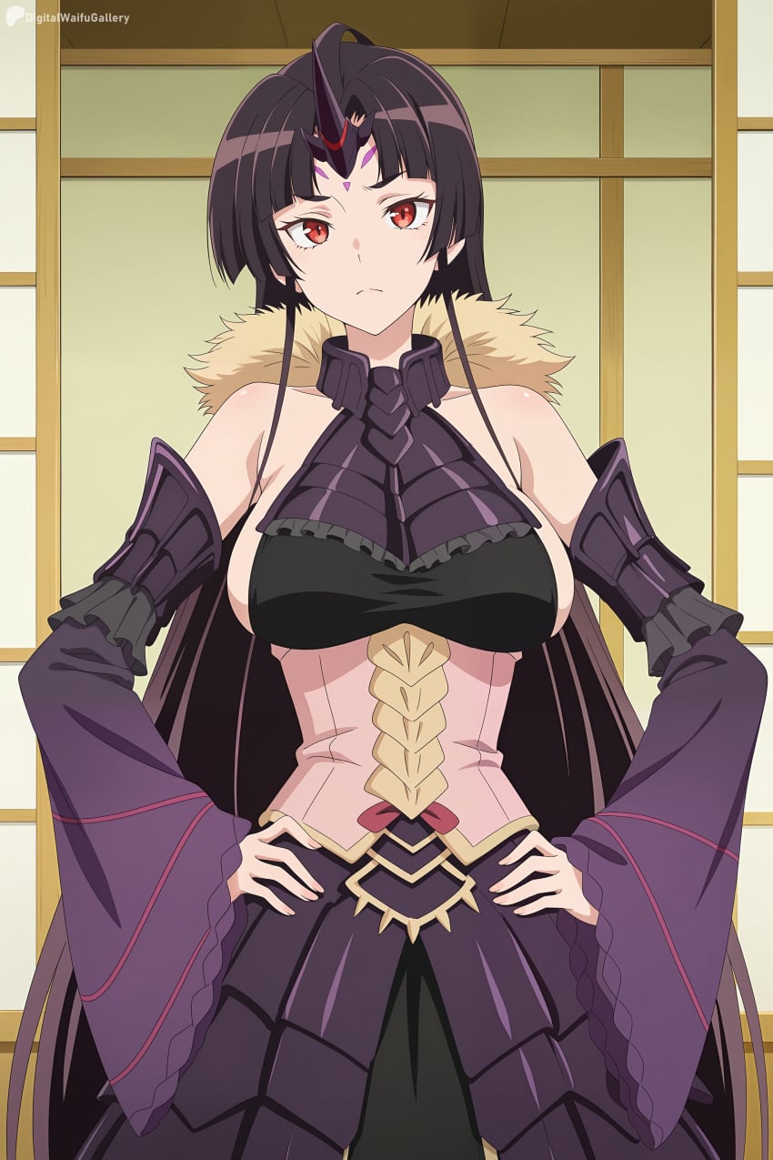 1girl ai_generated armor bare_shoulders black_dress black_hair breasts closed_mouth detached_sleeves digitalwaifugallery dress forehead_mark frown fur_trim hands_on_own_hips hi_res high_quality high_resolution horns large_breasts long_hair looking_at_viewer nihon_e_youkoso_elf-san. patreon red_eyes seductive sexy sideboob single_horn solo uncensored very_long_hair watermark wide_sleeves wridra_(elf-san)