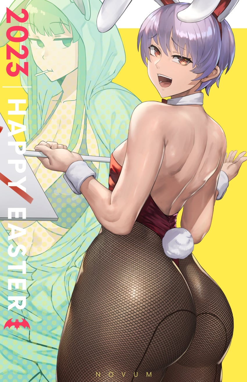 2girls artist_name ass ass_bigger_than_head back_view bare_arms bare_back bare_shoulders big_ass big_breasts breasts bunny_ears bunny_tail bunnysuit cleavage cuffs_(clothing) darkstalkers easter eyebrows eyebrows_visible_through_hair eyelashes fake_animal_ears female female_focus female_only fishnet_legwear fishnets from_behind holding holding_object huge_ass huge_breasts large_ass large_breasts light-skinned_female light_skin lilith_aensland looking_at_viewer looking_back morrigan_aensland novum open_mouth playboy_bunny red_eyes short_hair silver_hair small_breasts thick_thighs thighs