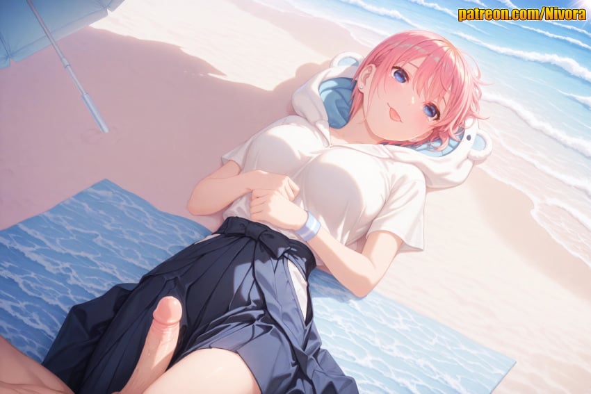 1boy 1girl ai_generated beach beach_towel beach_umbrella blue_eyes blue_hakama blue_sky blush breasts closed_mouth clothed_female_nude_male day dutch_angle erection go-toubun_no_hanayome hair_between_eyes hakama hakama_skirt hands_on_own_stomach hetero hood hood_down hoodie horizon ichika_nakano japanese_clothes jewelry large_breasts looking_at_viewer lying miniskirt nakano_ichika nivora nude ocean on_back outdoors penis pink_hair pleated_skirt pov sand short_hair short_sleeves skirt sky smile solo_focus sun sunlight tongue tongue_out towel umbrella uncensored water white_hoodie white_shirt wristband