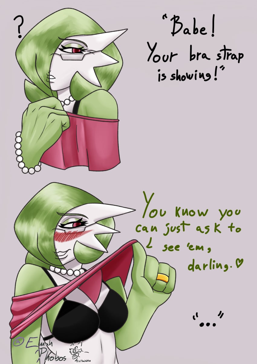 big_boobs big_breasts bra bra_strap bra_strap_is_showing_(meme) gardevoir green_hair married married_female married_woman milf pokemon pokemon_(species) red_eyes white_body