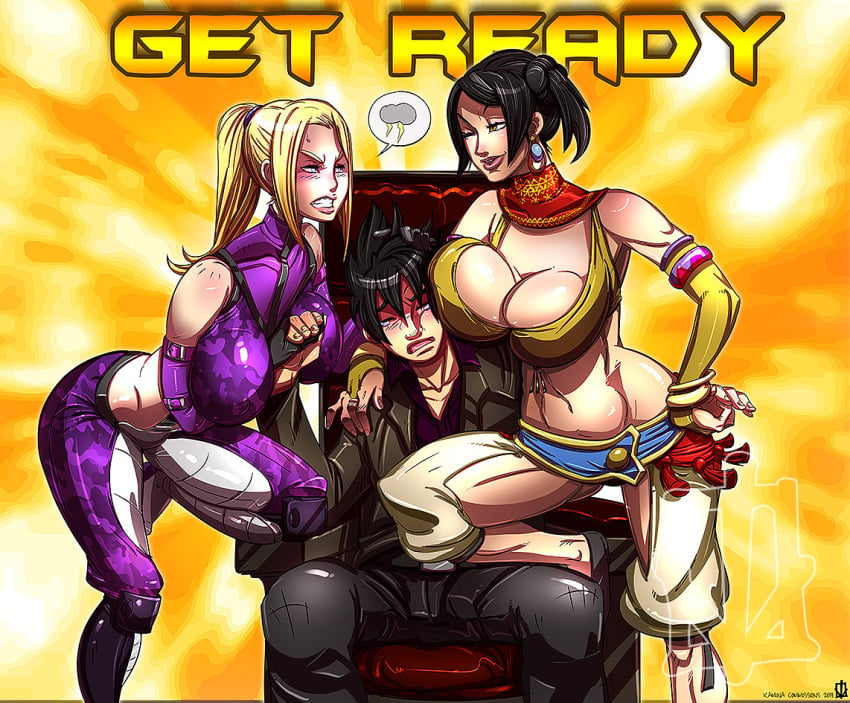 1boy 2girls annoyed black_hair blonde_hair breasts female human jin_kazama kamina1978 kazama_jin male namco nervous nina_williams tekken tekken_tag_tournament_2 threesome zafina_(tekken)