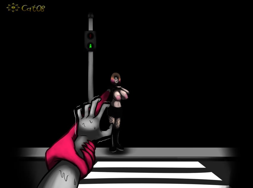 bete_noire betty_noire big_breasts big_nipples breasts brown_hair chaoscat08 creepy_smile dark_place female glitchtale grabbing_arm looking_at_viewer nipples pink_hair road short_hair showing_boobs showing_breasts skirt smile smile_at_viewer smiley_face traffic_light underlust
