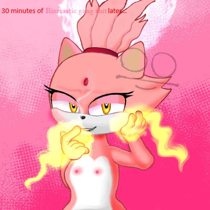 1:1 anthro blaze_the_cat blush breasts burning_blaze digital_media_(artwork) domestic_cat felid feline felis female fur hair hi_res kerotheklutz looking_at_viewer mammal nipples nude pink_body sega simple_background smile solo sonic_(series) sonic_the_hedgehog_(series) super_form text yellow_eyes