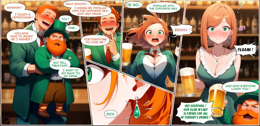 1girls 2boys ai_generated blush breasts clothing comic dress english_text female gender_transformation genderswap_(mtf) green_eyes jewelry leprechaun leprechaun_hat male original red_hair rule_63 saint_patricks_day text_bubble wish