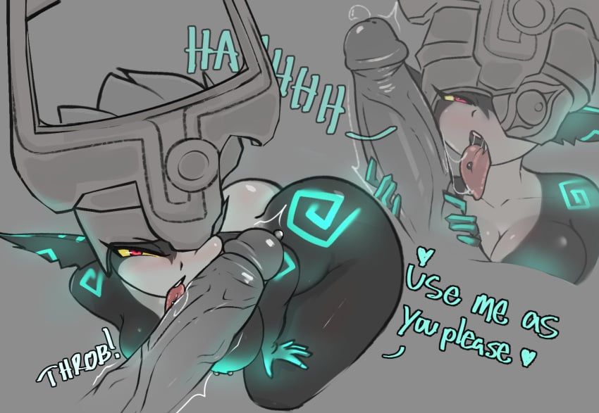 1boy 1girls ass bluper dialogue fellatio greyscale handjob imp_midna large_penis licking_penis midna monochrome nude oral penis_on_face pierced_tongue piercing piercings pointy_ears red_eyes shortstack text the_legend_of_zelda thick_thighs tongue_piercing twilight_princess