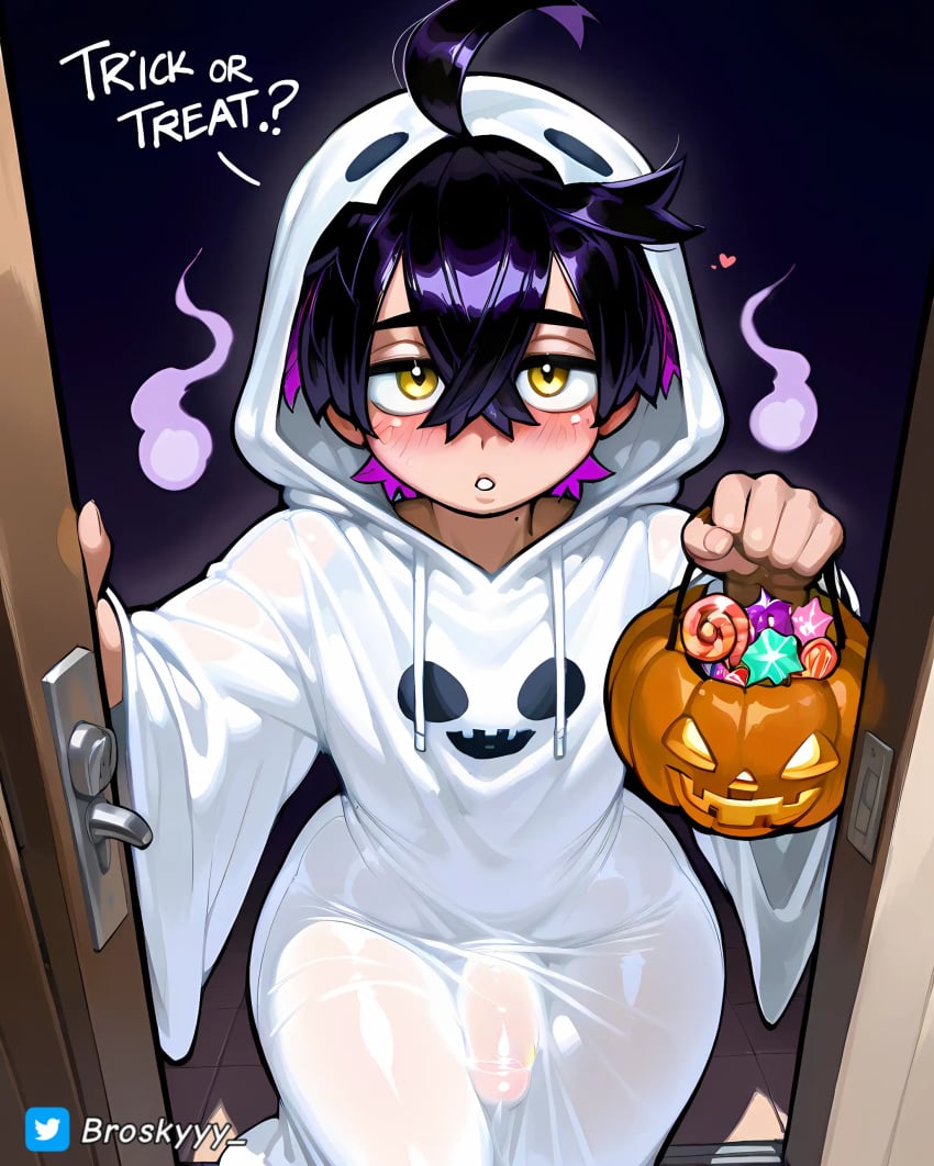 ahoge ai_generated big_ass blush broskyyy_ bulge candy door femboy ghost_costume halloween kieran_(pokemon) penis_bulge pokemon pov text thick_thighs trick_or_treat wide_hips