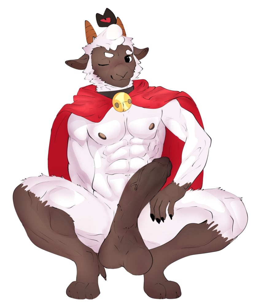 anthro balls bovid caprine clothing collar cult_of_the_lamb fur genitals hi_res horn humanoid lamb_(cult_of_the_lamb) male male_only mammal massive_monster_(studio) nipples nude penis red_crown_(cult_of_the_lamb) sheep simple_background solo white_body white_fur wool_(fur) yaiski