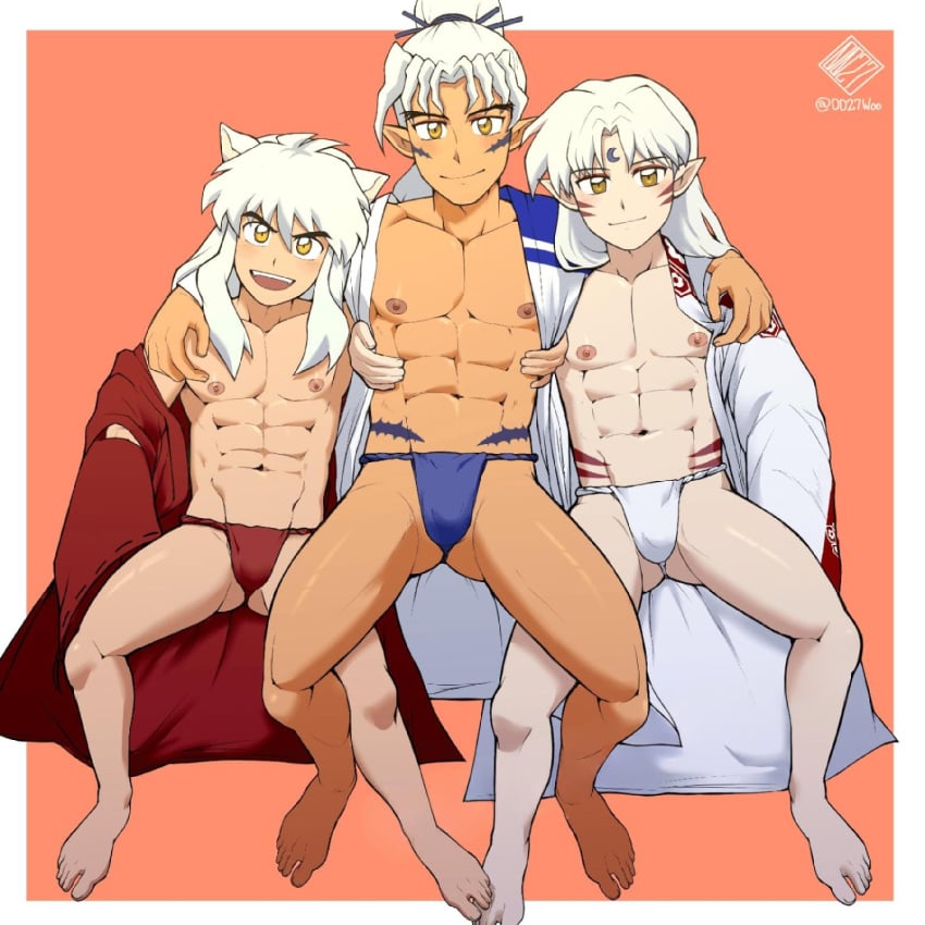 0027woo 3boys abs animal_ears barefoot big_areola big_eyes blue_fundoshi blush brother brothers bulge bulge_through_clothing collarbone eyebrows_visible_through_hair eyelashes family father father_and_son feet full_body fundoshi gay hand_on_shoulder hand_on_waist height_difference hi_res inu_no_taisho inuyasha inuyasha_(character) japanese_clothes laugh light_skin long_ears long_hair looking_at_viewer lying lying_on_back mature_male moon_(marking) muscles muscular muscular_legs muscular_male muscular_thighs navel no_body_hair open_clothes orange_background pecs pointy_ears red_fundoshi rokushaku_fundoshi sesshoumaru six_pack smile tattoo tattoo_on_face tattoo_on_waist thick_eyebrows tied_hair toes white_border white_fundoshi white_hair yaoi yellow_eyes young