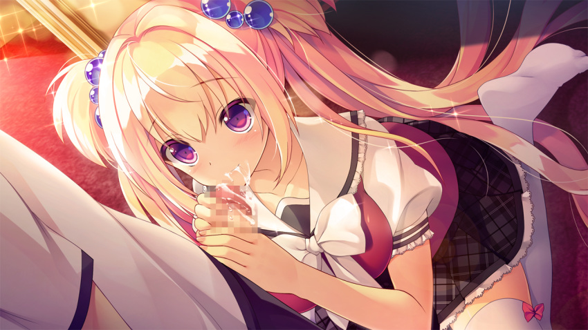 blonde_hair blush censored cum game_cg koi_saku_miyako_ni_ai_no_yakusoku_wo_~annaffiare~ natsume_eri penis purple_eyes seifuku skirt thighhighs tied_hair tsuji_kokoro twintails