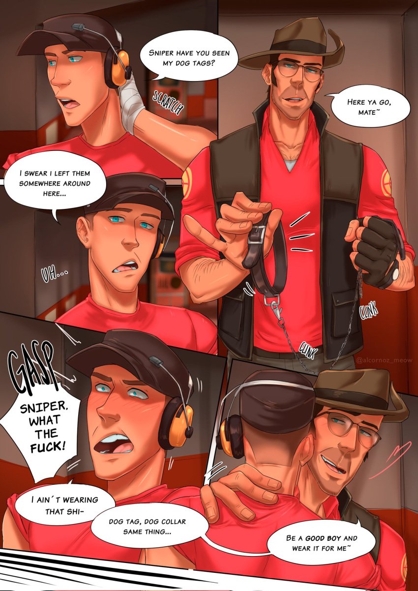 alcornoz collar collar_only comic comic_page comic_panel dog_collar gay gay_domination gay_male homosexual imminent_oral imminent_sex leash leash_and_collar leashed_collar male male/male male_only page_2 pet_play petplay scout_(team_fortress_2) sniper_(team_fortress_2) team_fortress_2 valve yaoi