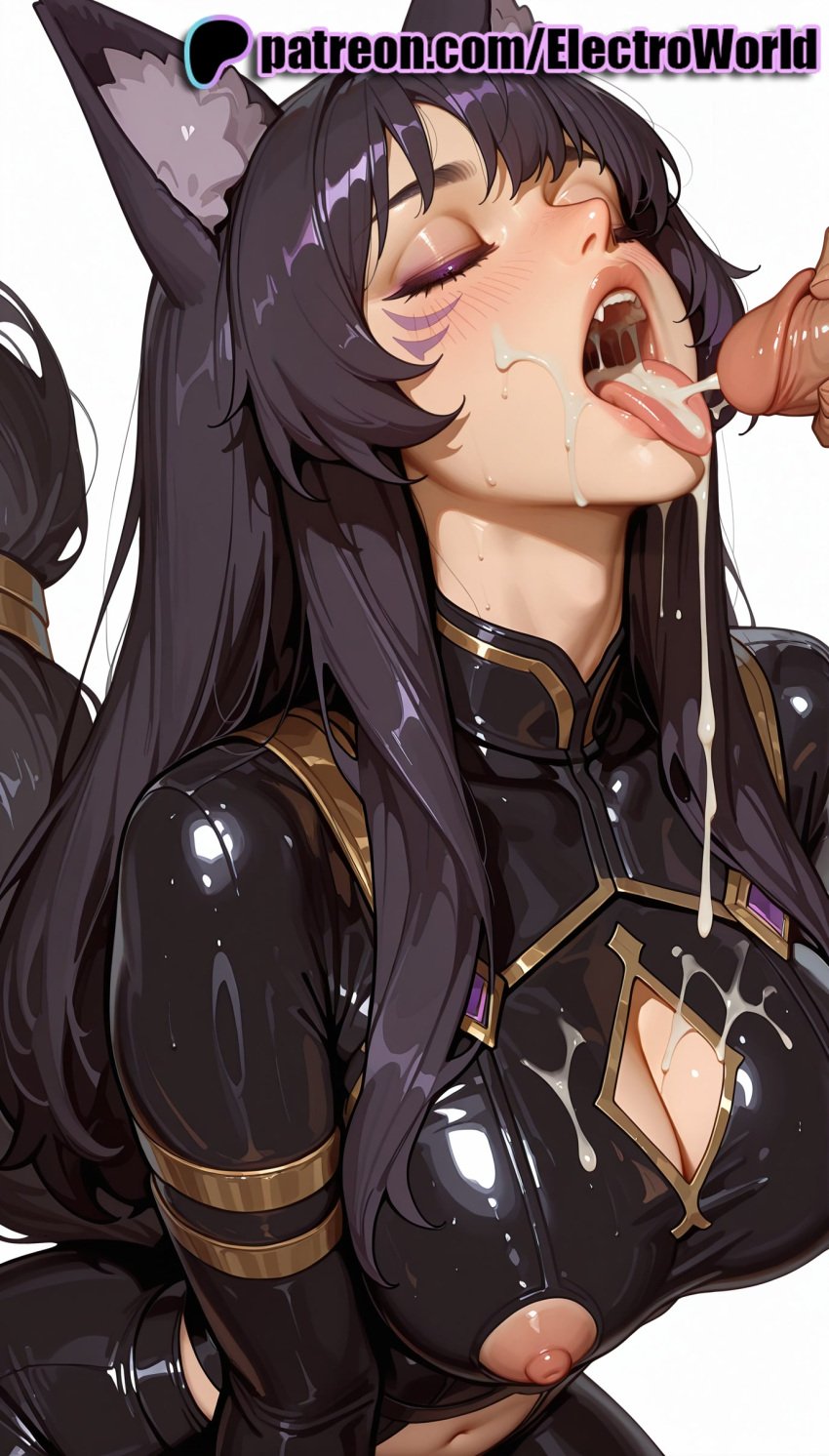 1boy 1girls 2025 after_fellatio ai_generated animal_ears artist_name black_hair blush breasts bust chest cleavage_cutout clothing_cutout cock cum cum_in_mouth cum_on_body cum_on_tongue cum_string delta_(the_eminence_in_shadow) dick ejaculation electroworld facial female hi_res high_quality high_resolution highres long_hair male open_mouth patreon patreon_username penis solo_focus stable_diffusion straight the_eminence_in_shadow tongue tongue_out torn_clothes uncensored watermark