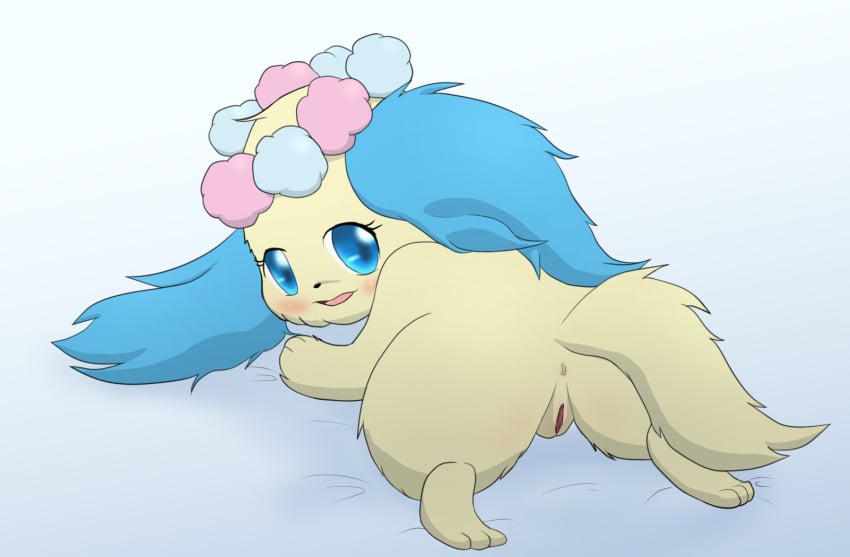 1girls anus blue_body blue_eyes blue_fur blush canid canine canis domestic_dog female fur genitals hi_res improbable_(artist) jewelpet looking_at_viewer looking_back looking_back_at_viewer lying mammal on_front pussy sanrio sapphie_(jewelpet) sega_fave yellow_body yellow_fur