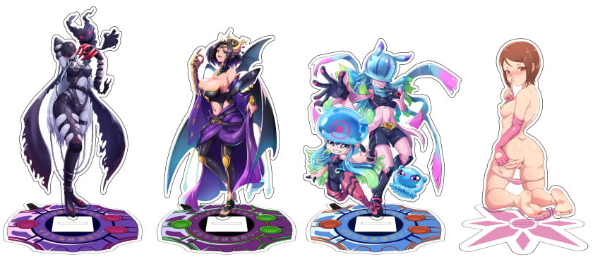 5girls absurdres adapted_costume anus ass bare_shoulders black_bodysuit black_shirt black_shorts blue_hair bodysuit breasts brown_eyes brown_hair cleavage clothing_cutout colored_skin covered_eyes crop_top demon_girl demon_horns demon_wings digimon digimon_(creature) digimon_adventure_02 eyeshadow facial_mark forehead_mark full_body green_eyes green_hair grey_hair grey_skin highres horns jellymon ladydevimon lilithmon low_wings makeup multiple_girls multiple_wings nipples nude panties pink_panties pink_skin purple_eyeshadow pussy shirt short_hair shorts simple_background small_breasts stomach_cutout teng_zhai_zi teslajellymon torn_bodysuit torn_clothes underwear white_background wings