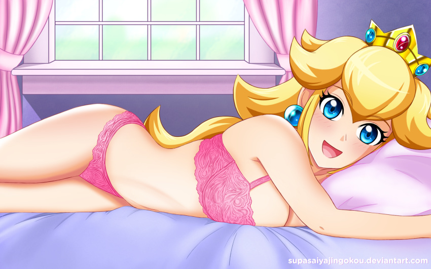 1girls blonde_hair blue_eyes bra breast_press breasts cleavage female happy large_breasts lingerie mario_(series) nintendo on_bed panties pink_panties princess_peach smiling solo supasaiyajingokou