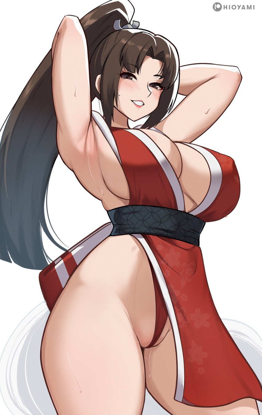 armpits arms_up breasts brown_eyes brown_hair cleavage cowboy_shot fatal_fury female female_focus grin hioyami large_breasts long_hair looking_at_viewer mai_shiranui matching_hair/eyes no_bra pelvic_curtain ponytail pussy_juice sideboob simple_background smile snk solo standing sweat the_king_of_fighters white_background