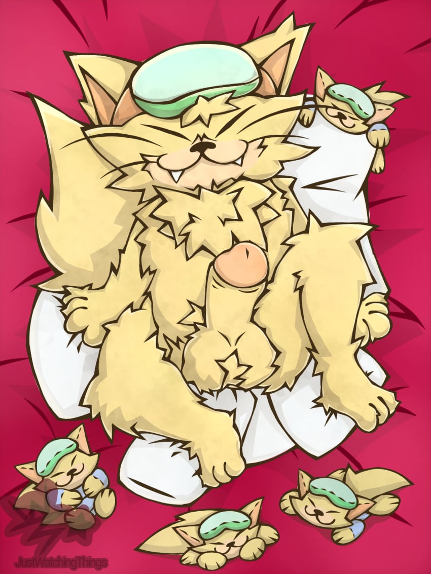 anthro anthro_only bed chest_fur erection eyewear fangs felid feline fluffy full-length_portrait fur furaffinity_link furniture furry furry_male furry_only goggles hi_res justwatchingthings looking_at_viewer lying lying_on_bed male male_focus male_only mammal nintendo on_bed pillow plushie portrait short_stack snout solo solo_male spitz_(warioware) teeth wario_(series) warioware whiskers yellow_fur