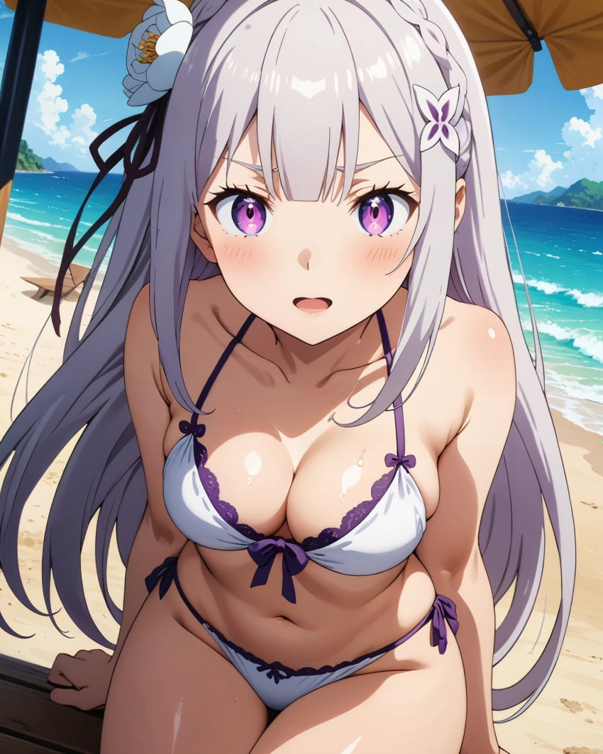 2016 2017 2018 2019 2020 2021 2025 ai_generated angry angry_at_viewer angry_expression angry_eyes angry_face anime anime_girl beach beach_umbrella beach_waves bikini bikini_girl crunchyroll emilia_(re:zero) flower_in_hair looking_at_viewer meta purple_eyes purple_hair re:zero_kara_hajimeru_isekai_seikatsu sitting wave waves white_and_purple_bikini white_fox_(studio)