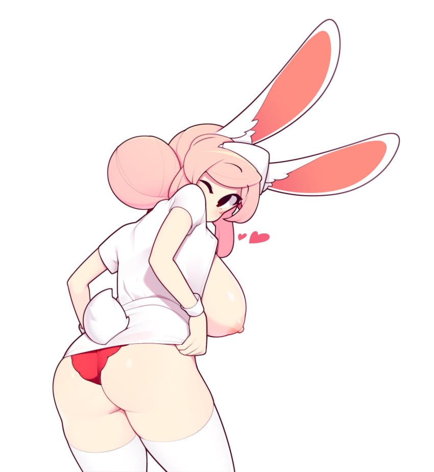 animal_ears ass breasts breasts_out clothing_cutout female fiz fizintine hair_bun hat heart highres huge_breasts large_breasts leaning_forward looking_at_viewer nipples no_pants nurse nurse_cap one_eye_closed original panties pink_hair rabbit_ears rabbit_girl rabbit_tail red_panties shirt short_sleeves simple_background single_hair_bun solo tail tail_through_clothes thighhighs underwear white_background white_shirt white_thighhighs wrist_cuffs