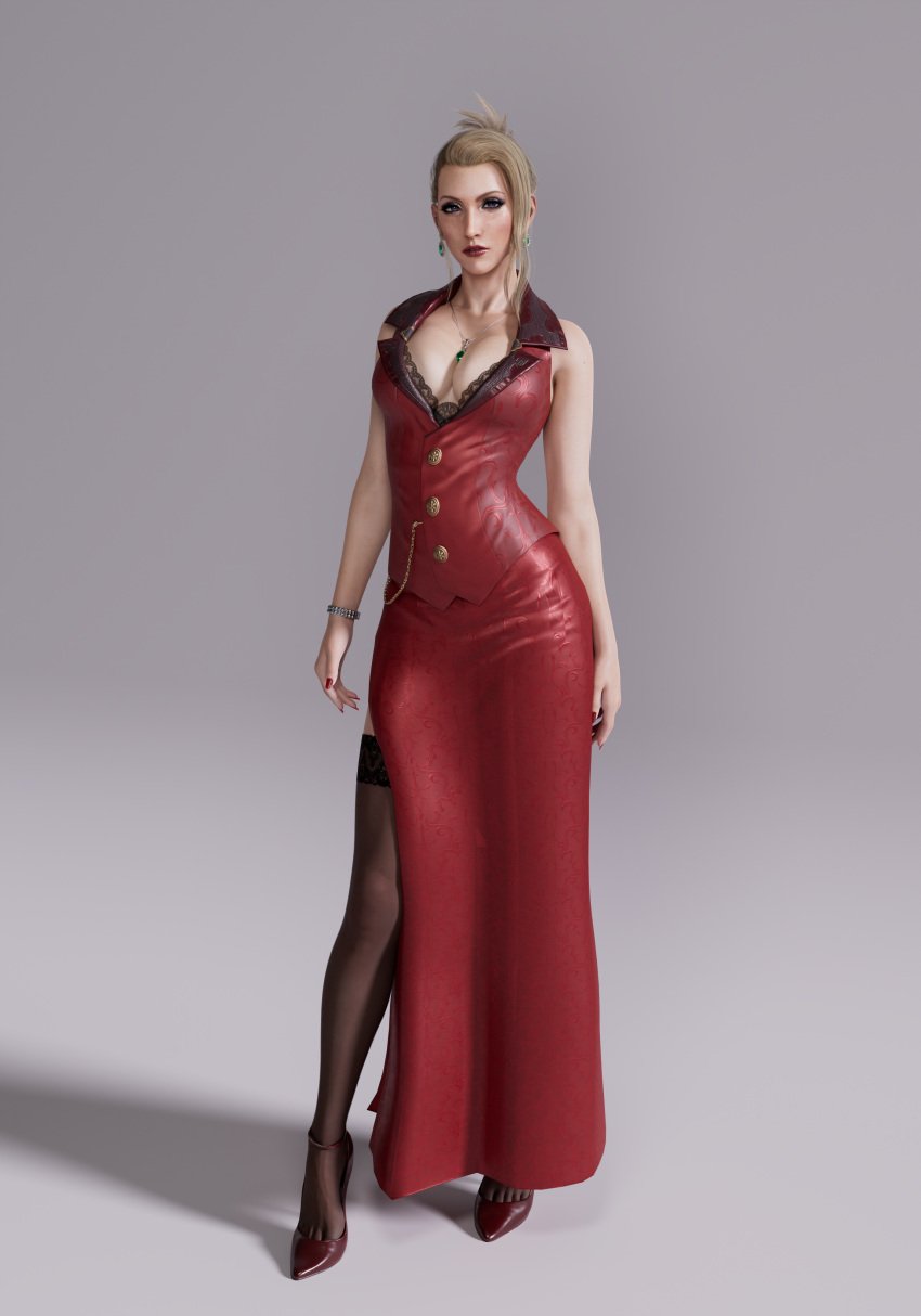 1girls 3d 3d_(artwork) billyhhyb blonde_female dress final_fantasy final_fantasy_vii final_fantasy_vii_remake front_view highres red_dress scarlet_(ffvii) solo solo_female solo_focus square_enix white_background white_skin