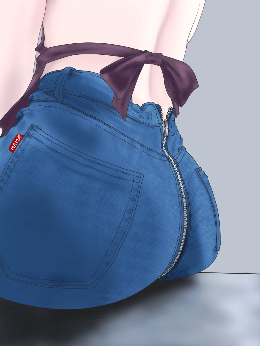 1girls ass ass_zipper clothed clothing focus_on_ass gridman_universe jeans kilroylw non_nude sitting takarada_orie zipper zipper_pull_tab