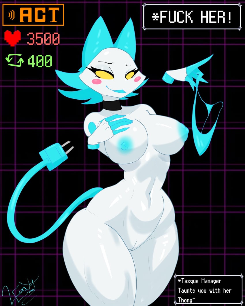 absurd_res anthro blush breasts clothing deltarune emmet_twunks english_text felid feline female front_view genitals hi_res mammal nipples nude pussy simple_background smile solo tasque_manager text thong undertale_(series) underwear white_body yellow_eyes