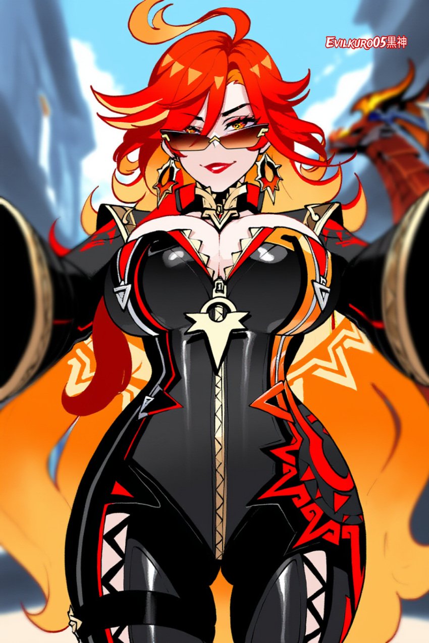 ai_generated athletic_female big_breasts curvy_figure evilkuro05 genshin_impact hoyoverse latex looking_over_eyewear looking_over_sunglasses mavuika_(genshin_impact) pov_female red_lipstick sunglasses tinted_eyewear