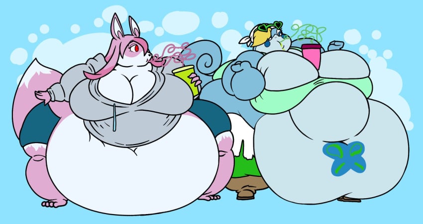 2022 2girls anthro bandana belly_tattoo beverage big_breasts blue_body brand_new_animal breasts canid canine clothed clothing digital_media_(artwork) drinking_straw duo female fox fur generation_8_pokemon group hair heart_sunglasses hi_res huge_breasts johndraw54 kerchief long_hair mammal morbidly_obese morbidly_obese_anthro morbidly_obese_female multicolored_body nazuna_hiwatashi nintendo obese obese_anthro obese_female overweight overweight_anthro overweight_female pokemon pokemon_(species) silly_straw simple_background sobble studio_trigger tattoo thick_thighs two_tone_body