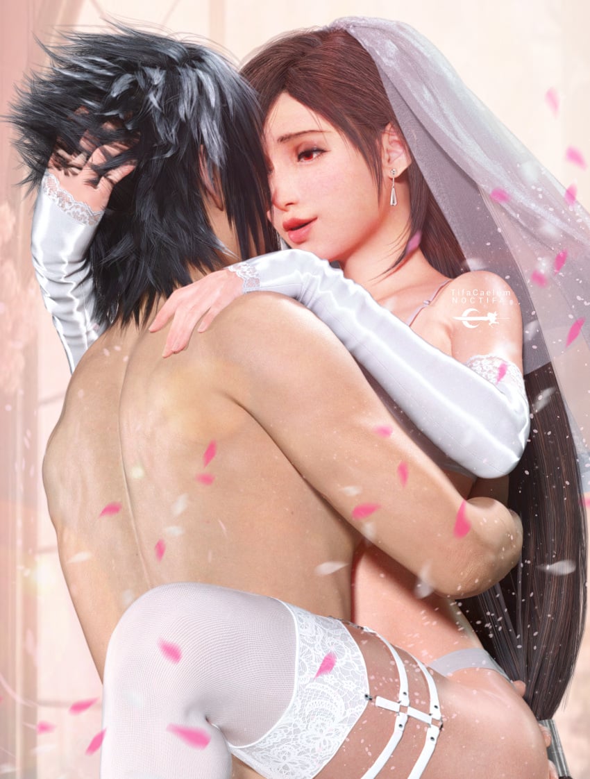 1boy 1boy1girl 1girls 3d 3d_(artwork) artist_name black_hair bridal_gauntlets bridal_gloves bridal_lingerie bridal_veil bride elbow_gloves final_fantasy final_fantasy_vii final_fantasy_vii_rebirth final_fantasy_vii_remake final_fantasy_xv fit_female gloves highres honeymoon intimate lingerie lingerie_only long_hair looking_at_another naked_male noctis_lucis_caelum older_female panties patreon_username petals red_eyes romantic romantic_ambiance short_hair thigh_strap thigh_straps thighhighs tifa_lockhart tifacaelum toned veil wedding_lingerie wedding_night wedding_veil white_bra white_lingerie white_panties white_underwear younger_male