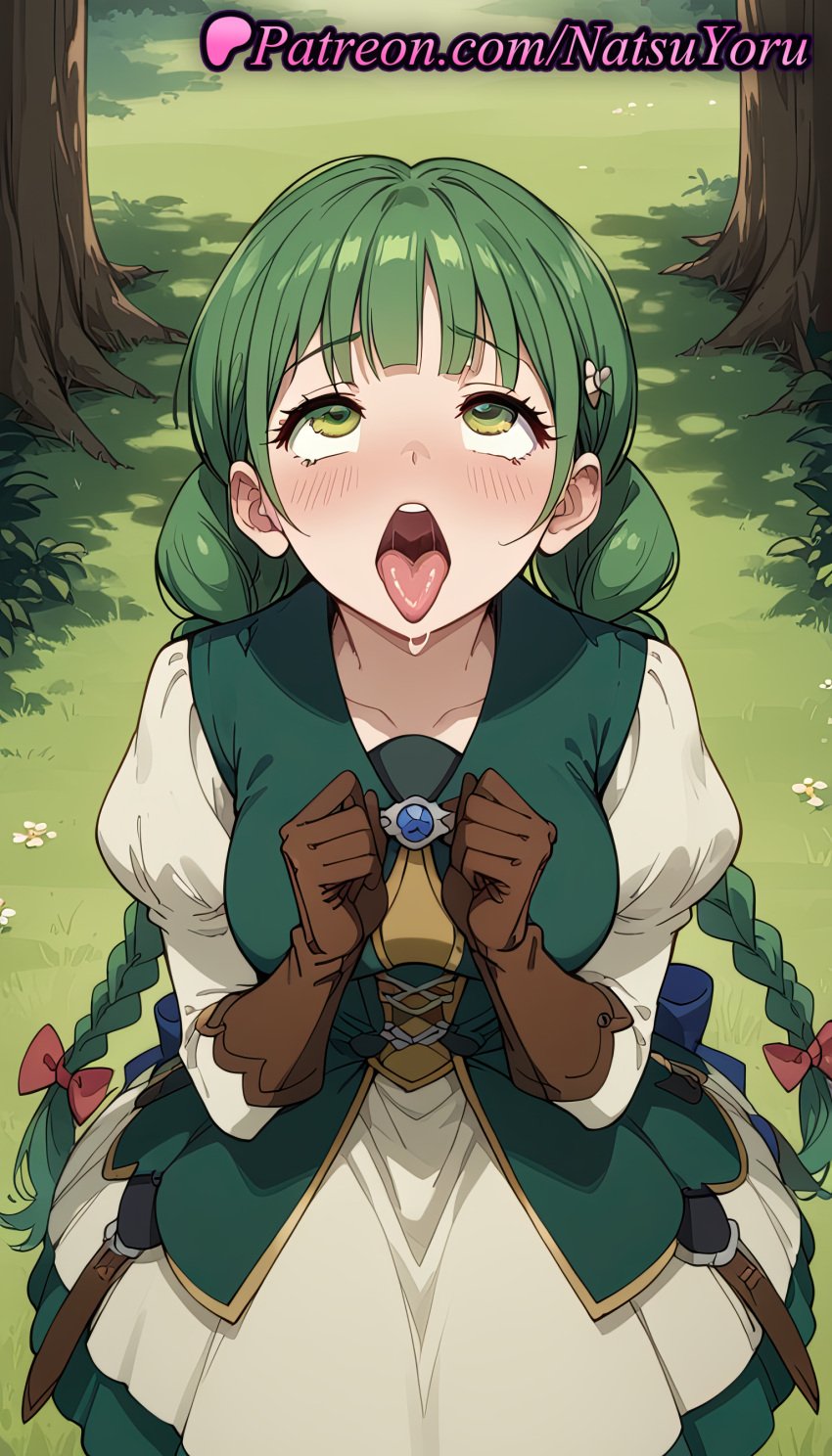 1girls ahe_gao ai_generated anime anime_style bangs blush bow braid breasts brown_gloves bust busty clenched_hands collarbone day dress female female_focus female_only forest gloves grass green_dress green_eyes green_hair hair_ornament hairbow hairclip hentai juliet_sleeves long_hair long_sleeves looking_at_viewer looking_up low_twin_braids natsuyoru nature open_mouth oral_invitation outdoors puffy_sleeves red_bow rishia_ivyred rolling_eyes saliva solo solo_female tate_no_yuusha_no_nariagari teeth the_rising_of_the_shield_hero tongue tongue_out tree twin_braids twintails uvula voluptuous voluptuous_female white_dress