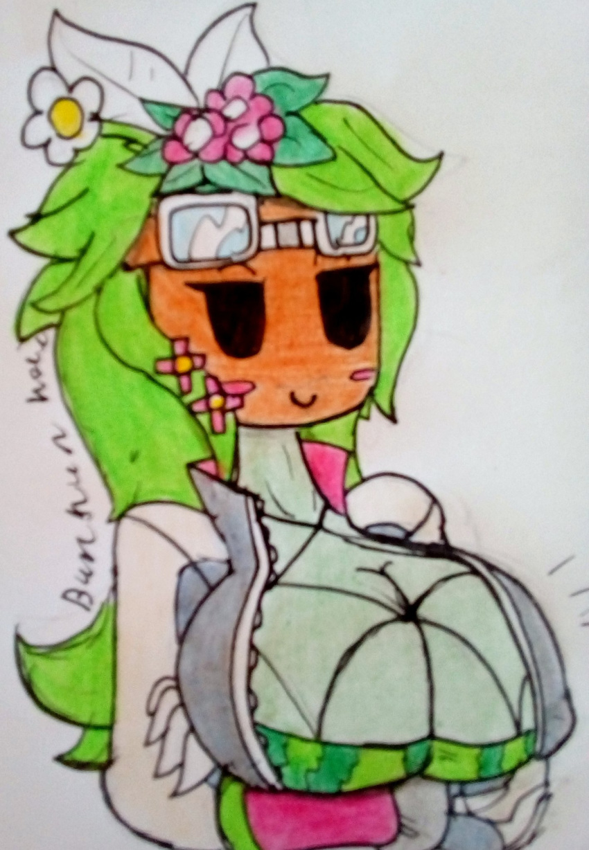 arms_crossed big_breasts blaster_master blaster_master_zero blaster_master_zero_2 bodysuit color dinoprimal eyes_half_open female flower flower_pot green_hair green_skin hand_drawn kanna_(blaster_master) large_breasts mob_face motion_lines plant_girl plantie signature smug solo unzipped_bodysuit watermelon_bra watermelon_nets