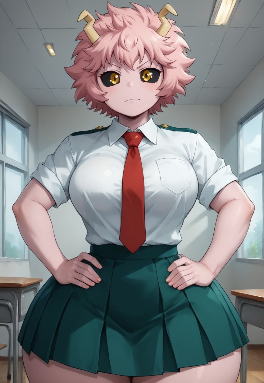 ai_generated angry angry_face anime anime_style ashido_mina boku_no_hero_academia civitai classroom deviantart disappointed hand_on_hip hentai indoors looking_at_viewer medium_breasts mina_ashido my_hero_academia pink_eyes pink_skin school_uniform short_hair skirt slight_blush superheroine thick_thighs thunder_thighs u.a._school_uniform uniform yellow_eyes