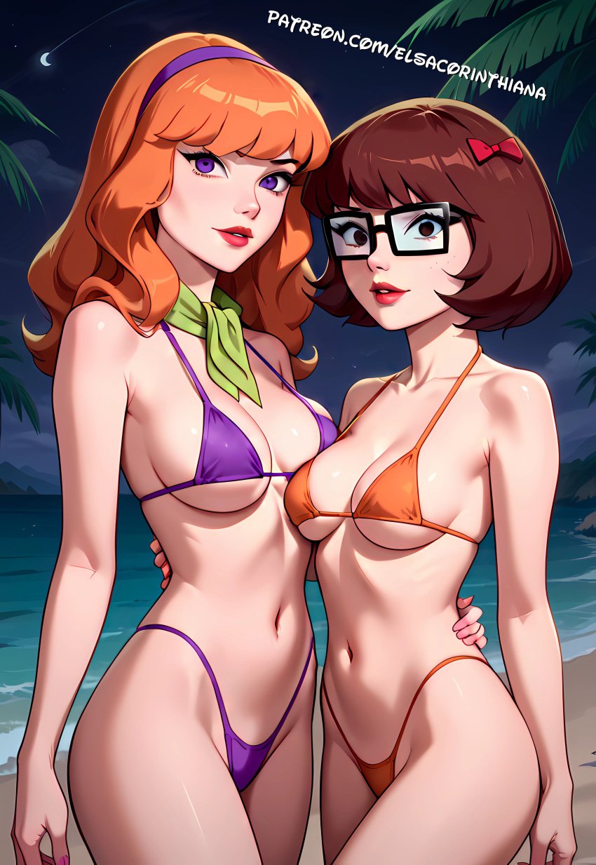 2girls 2woman adult ai ai_art ai_generated beach big_breasts bikini bikini_bottom bikini_top black_eyes breasts brown_hair brown_hair_female cartoon cartoon_network curvaceous daphne_blake elsacorinthiana exposed_midriff exposed_shoulders exposed_torso female female_only glass hentai hourglass_figure lesbian_couple light-skinned_female light_skin looking_at_viewer medium_breasts midriff moon nature navel night orange_bikini orange_bikini_bottom orange_bikini_top orange_hair orange_hair_female partially_clothed partially_clothed_female patreon patreon_link patreon_url purple_bikini purple_bikini_bottom purple_bikini_top scooby-doo scooby-doo_(series) sea_background semi-naked semi-nude semi_nude shoulders skinny solo standing standing_position velma_dinkley yuri