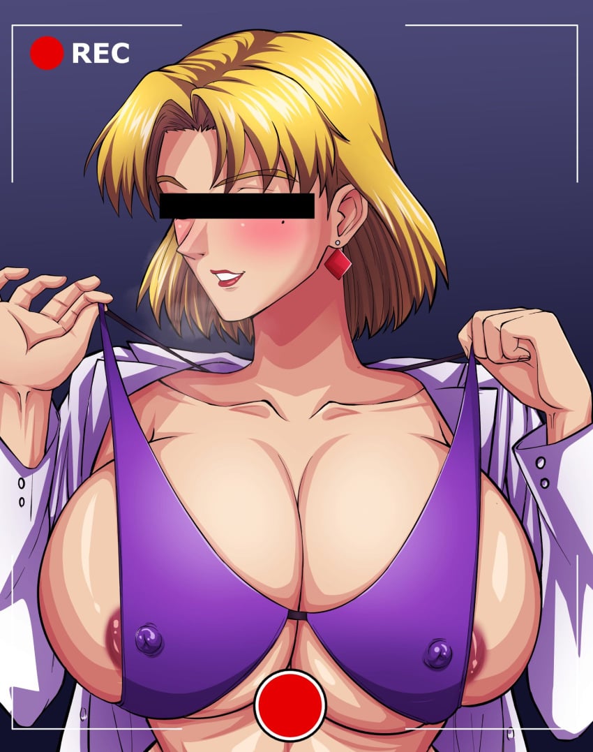 1girls alternate_version_at_source areola_slip areolae beauty_mark big_breasts blonde_hair breasts camera_pov censor_bar female huge_breasts neon_genesis_evangelion nipple_bulge recording ritsuko_akagi solo vijaz