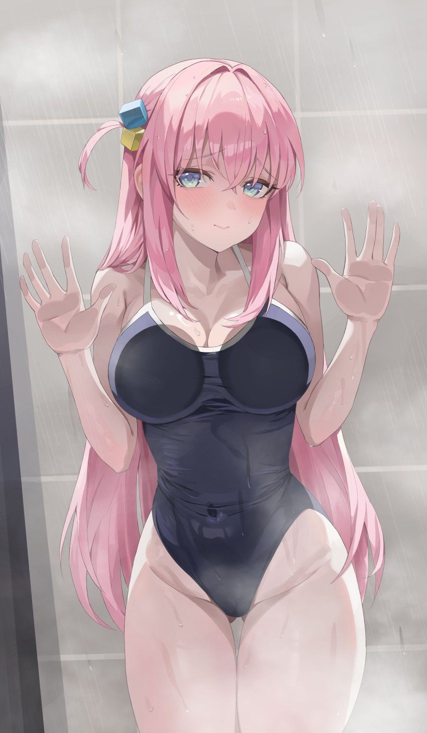 absurdres against_glass aqua_eyes bathroom blush bocchi_the_rock! breast_press breasts breasts_on_glass closed_mouth covered_navel cube_hair_ornament female gluteal_fold gotou_hitori hair_ornament hand_on_glass highres large_breasts long_hair one_side_up pink_hair ronda school_swimsuit shower_(place) showering solo swimsuit thighs