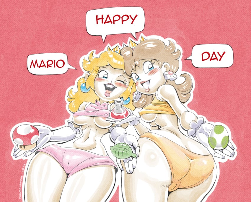 2020s 2024 2girls ass bikini blonde blonde_female blonde_hair blonde_hair_female blue_eyes blush blush_lines breasts brown_hair egg female female_focus female_only leaf mar10_day mario_(series) mushroom nintendo potion princess_daisy princess_peach sakurakasugano sakusakupanic sex_toy super_mushroom text underboob underwear yoshi_egg