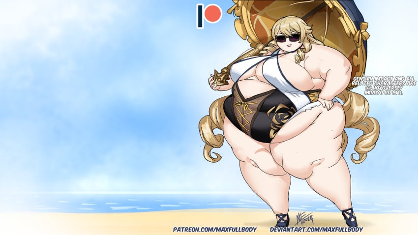 beach blonde_hair blonde_hair_female fat fat_female fat_girl fat_woman female female_focus female_only fontaine_girls genshin_impact hoyoverse light-skinned_female light_skin mihoyo mihoyo_technology_(shanghai)_co._ltd. navia_(genshin_impact) obese obese_female solo solo_female solo_focus standing umbrella