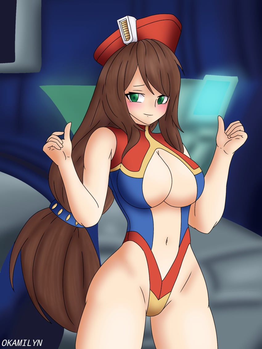 adapted_costume big_breasts blush capcom iris_(mega_man) looking_at_viewer mega_man mega_man_x mega_man_x_dive okamilyn self_upload