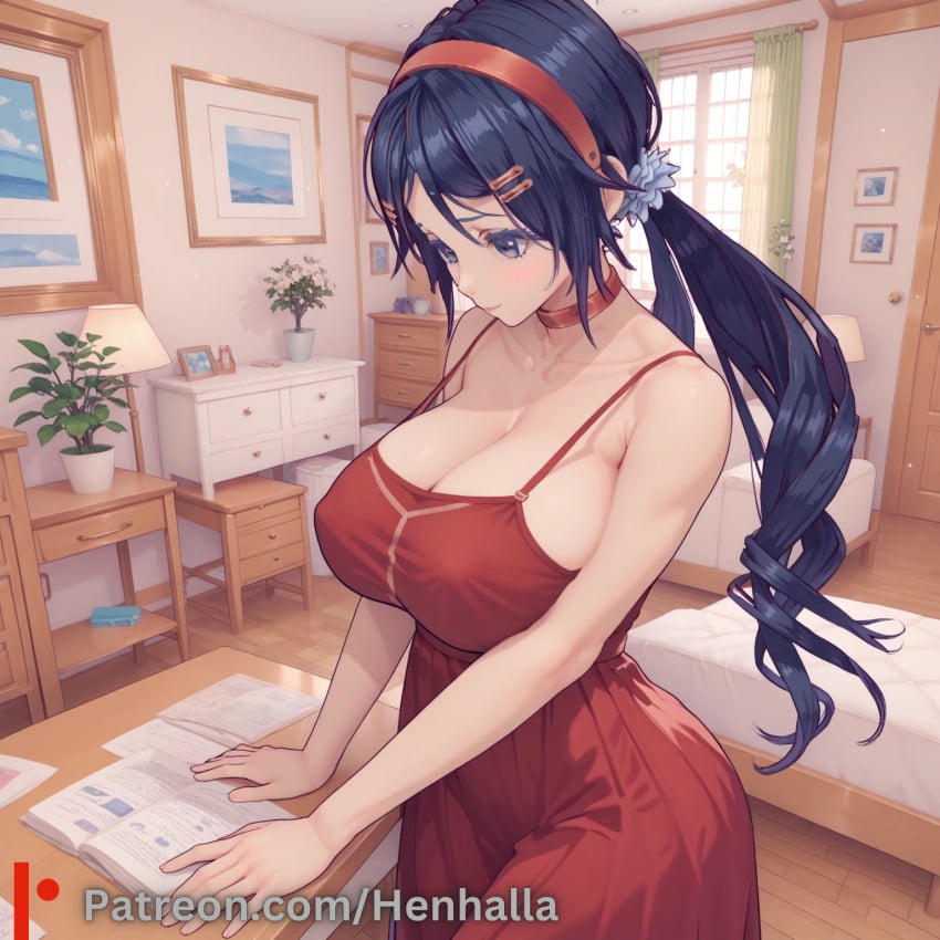 1girls ai_generated big_breasts blue_eyes breasts dress henhalla miside mita mita_(miside) solo solo_female young younger_female