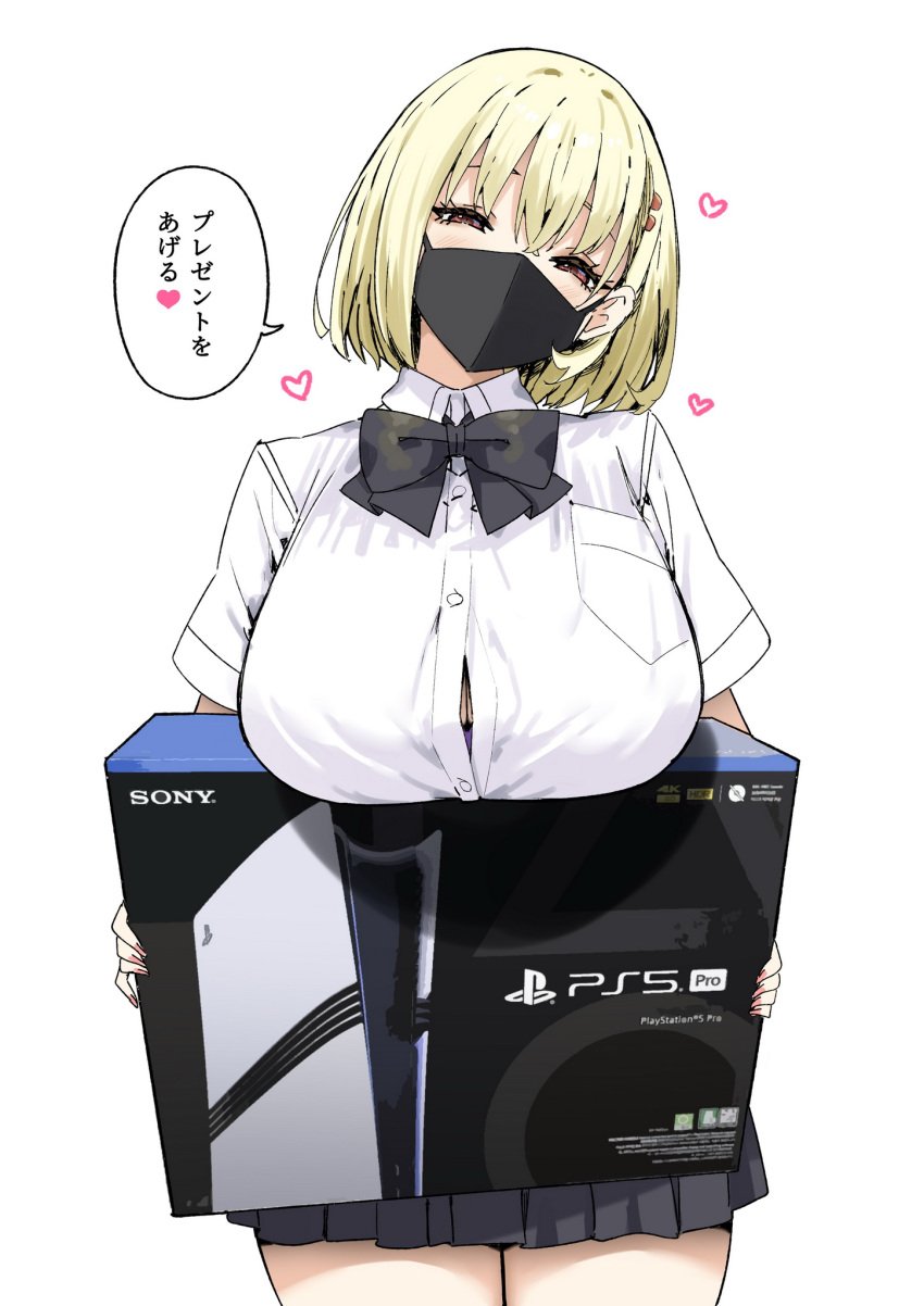 1girls anime_style big_breasts blonde_hair cleavage facemask hentai himeko_(sky_(freedom)) ps5_console school_uniform skirt sky_(freedom) thighs