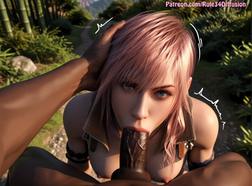 éclair_farron 1boy :>= ai ai_generated arm_strap armband bamboo bamboo_forest bare_shoulders blue_eyes blurry blurry_background breasts breasts_out clothed_female_nude_male dark-skinned_male dark_skin eclair_farron erection fellatio female final_fantasy final_fantasy_xiii forest gloves hand_on_another's_head head_grab interracial irrumatio large_penis long_hair looking_at_viewer looking_up medium_breasts nature nipples nude oral outdoors patreon patreon_username penis pink_hair pony_diffusion_xl pov pov_crotch rule34_diffusion(artist) solo_focus stable_diffusion straight testicles trembling uncensored veins veiny_penis video_game video_game_character video_game_franchise video_games watermark