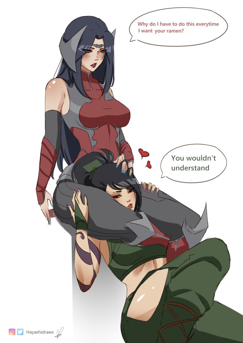 akali akali_jhomen_tethi bare_shoulders black_hair blue_eyes blue_hair breasts clothed dark_blue_hair dialogue hand_on_thigh hayashidraws head_between_legs head_between_thighs heart irelia_xan league_of_legends lipstick midriff nail_polish painted_nails ponytail purple_nails speech_bubble tattoos yuri