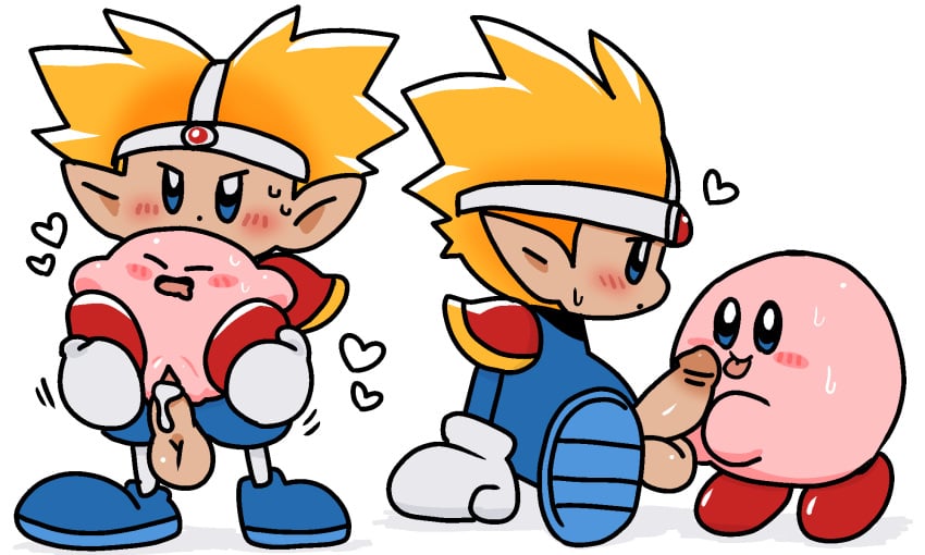 balls blonde_hair blonde_male blue_eyes blush boner erection female gloves happy_sex headband headwear humanoid kirby kirby_(series) knuckle_joe motelgore nintendo penetration penis pink_body red_shoes reverse_suspended_congress size_difference straight white_background