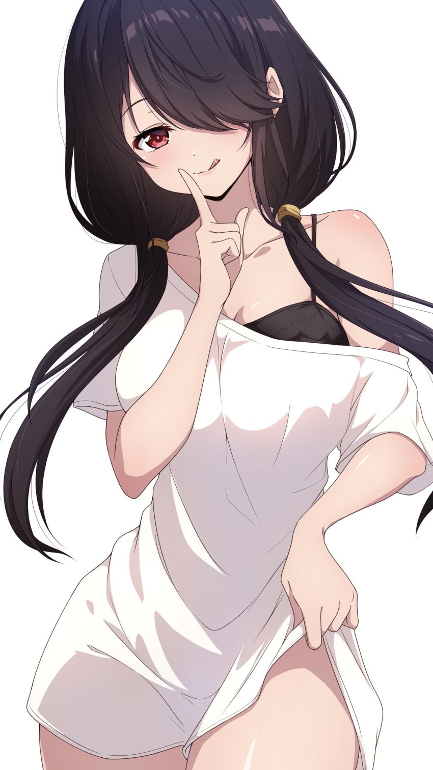 2d 2d_(artwork) ass black_hair bra breasts date_a_live light-skinned_female long_hair looking_at_viewer lustful_gaze red_eyes shirt shirt_only sole_female solo thick_thighs thighs tokisaki_kurumi twintails